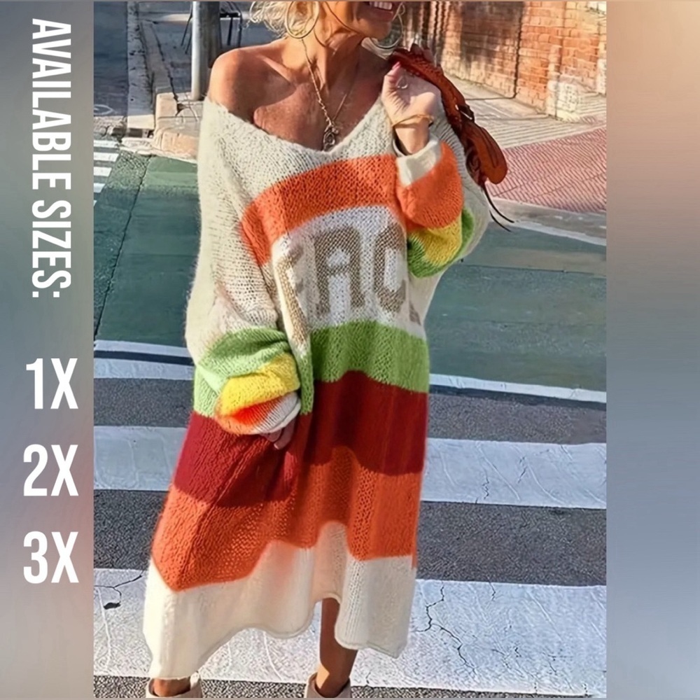 NEW-Plus Size PEACE Pattern Color Block Sweater Dress - Picture 5 of 7